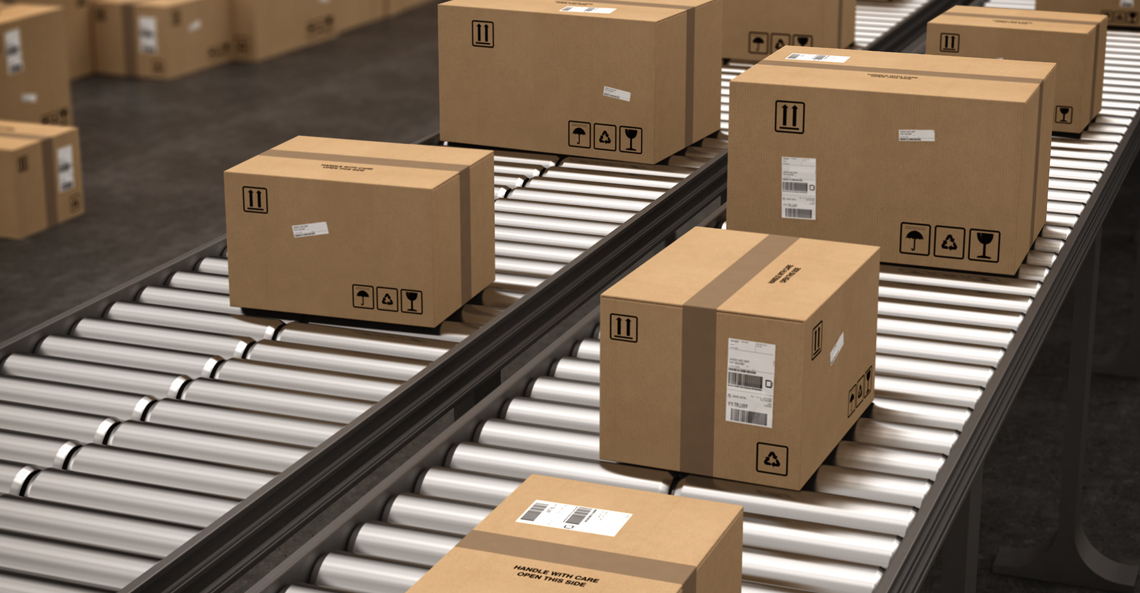 boxes on a conveyer tray